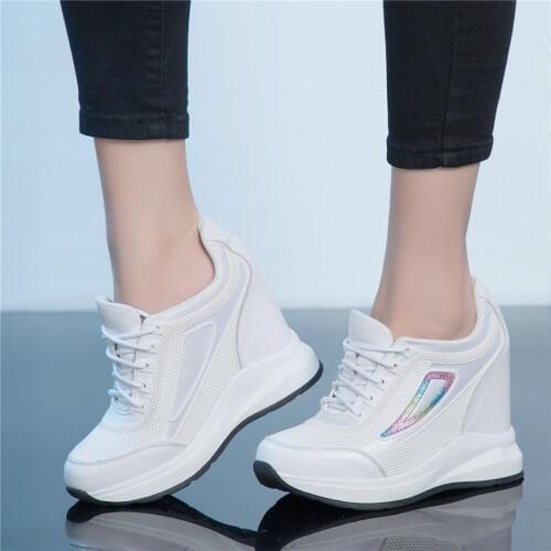 2020 Women Lace Up Genuine Leather High Heel Platform Pumps Shoes Female Breathable Mesh Round Toe Fashion Sneakers Casual Shoes