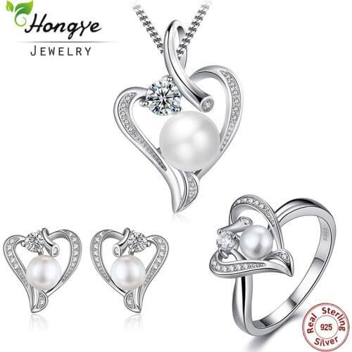 Hongye Romantic Heart 925 Sterling Silver Jewelry Set Pearl Necklace&Earring&Ring For Women Girl Friend Wife Valentine Day Gifts