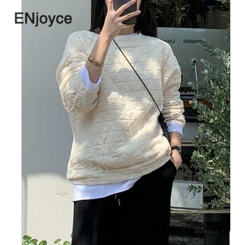 Women Padded Quilted Rhombic Sweatshirt Ladies Long Sleeve Loose Pullover Jacket Fall Winter Japan Style Harajuku Streetwear