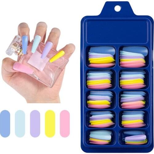 100 Pcs Solid Color False Nail Tips Colorful Acrylic Long Coffin Fake Nails Accessories Flat Shape Full Cover Nail Art