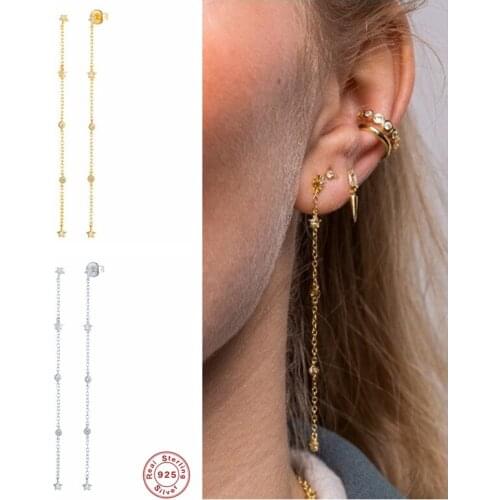 GS 925 Sterling Silver Gold Long Chain Tassel Star Charm Dangle Earrings For Women Cubic Zirconia Drop Earrings Party Jewelry
