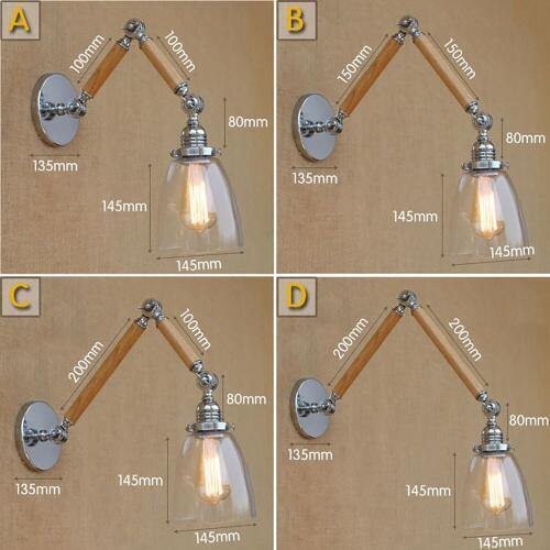 Wood glass shade adjustable swing arm industrial Vintage wall lamp e27 led modern light decorative for bedroom living room bar