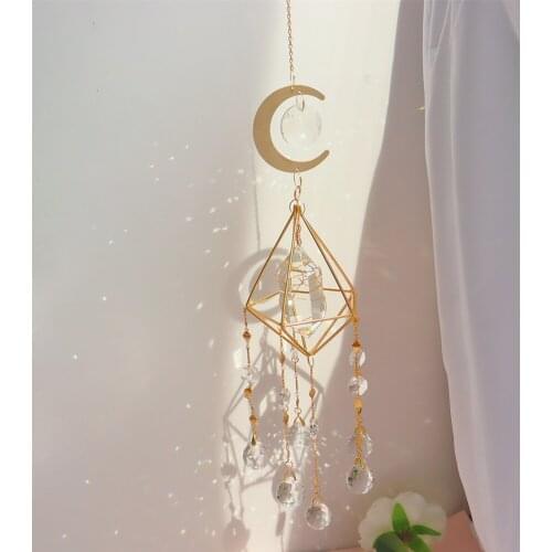 Crystal Hexagon Moon Chandelier Pendant Prism Wind Chime Car Hanging Lamp Home Decoration Crafts Ornaments
