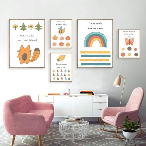 Nordic Style Canvas Painting Cute Cartoon Bee Bird Wall Art Landscape Vintage Posters And Prints Pictures Modern Baby Room Decor