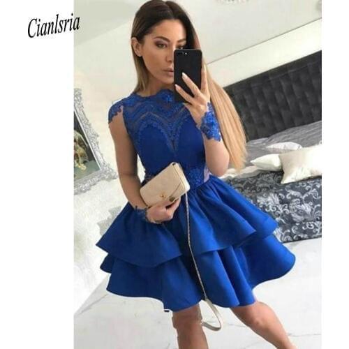 Royal Blue High Neck Illusion Back Mini Cocktail Dresses Long Sleeve Appliques Lace Above Knee Prom Party Homecoming Dresses