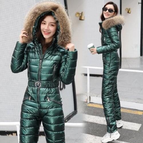 One Piece Ski Suit Women Jackets Winter Hooded Parka Jumpsuit Women Cotton bodysuit Sashes Jumpsuits Zipper Overalls Tracksuits