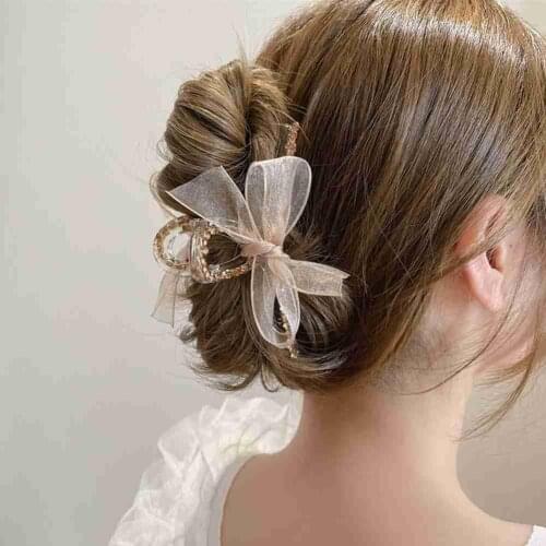 Korean Exquisite Elegant Mesh Bow Hair Claws Fairy Gold Chain Hair Clip Large Grab Clips Shark Clip Crystal Hair Accessories