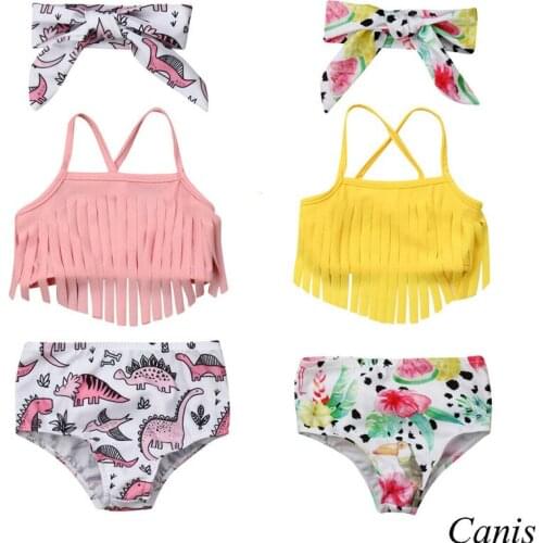 Infant Baby Girl Swimwear Suits Dinosaur Floral Print 3Pcs Tassels Strap Crop Tops+Shorts+Headwear Baby Girl Beach Bikini 0-24M