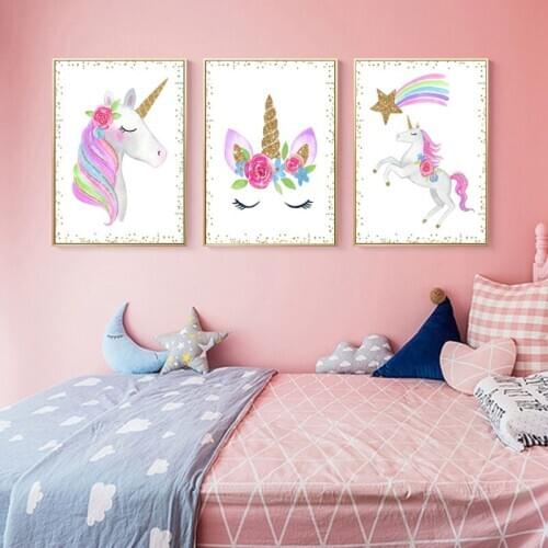 Cartoon Unicorn Nursery Wall Art Canvas Painting Nordic Posters and Prints Glitter Gold Wall Pictures Kids Girls Bedroom Decor
