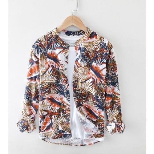 Beach Shirt Men Long Sleeve Leaf Print Vintage Tops Male Casual 100%Cotton Stand Collar Summer Hawaiian Clothing