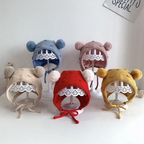 Soft Knitted Baby Hat Cartoon Pompom Autumn Winter Warm Newborn Bonnet Hats Ear Protection Girl Boy Kids Caps