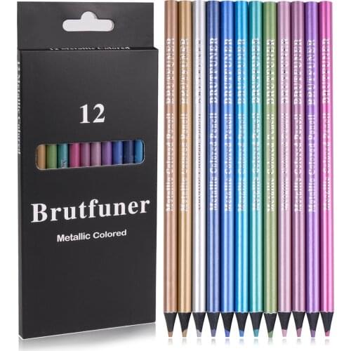 12 Count Metallic Colored Pencils Non-Toxic Art Stationery Drawing Sketching Pencil Set Pre-Sharpened Black Wooden Pen Handle