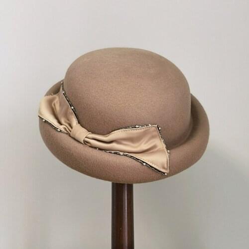 New Fall Japanese Designer 100% Wool Bow Hats For Women Retro Church Fedora Ladies Navy Hat Casual Painter Cape Hat Fascinator