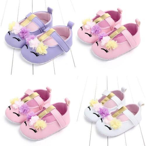 2019 Brand Toddler Baby Girls Flower Unicorn Shoes PU Leather Shoes Soft Sole Crib Shoes Spring Fall Summer First Walkers 0-18M