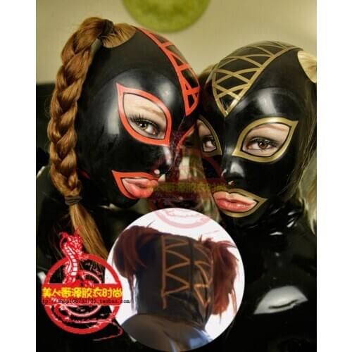 Sexy Black Latex Rubber Hood Mask Two Ponytail Open Eyes Mouth with Back Zip