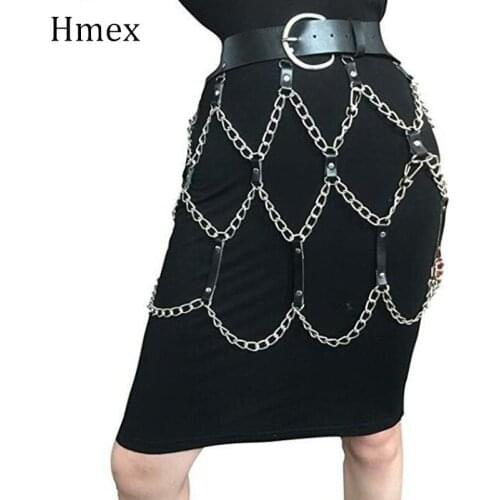Sexy Leather Skirts Women Mini Skirt with BeltPunk Gothic Rock Harness Waist With Chain Female Body Bondage Hollow Belt Pub Wear