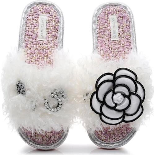 Camellia flower lamb fur slippers women luxury pearl beads letter pendant flip flops black/white fur slides shoes woman mulesNS1