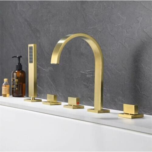 Bathroom Bathtub Shower Faucet Set Hot & Cold Solid Brass Mixer Tap With Handheld Dual Handle 5 Holes Brushed Gold/Black/Chrome