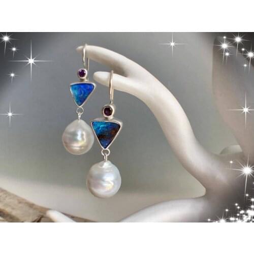 Vintage Boho Blue Opal Stone Pearl Earrings Wedding Engagement Jewelry Tiny Crystals Dangle Earring