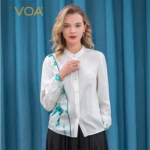 VOA White Background Blue Flower Border Metal Crystal Buckle Stand Collar Long-sleeved Tops Asymmetric Jacquard Silk Shirt BE178