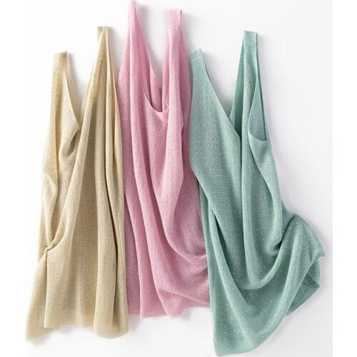 Summer knitted Tank Top for Women korean Cami Sleeveless Bling Lurex diamond vest Top White Black Womens loose Camisole tops