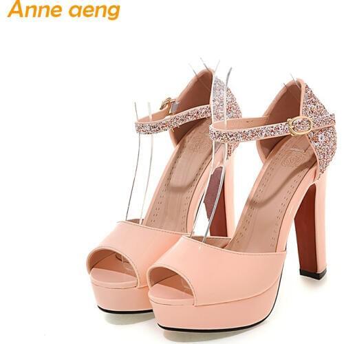 Spring summer women shoes 12cm block heel sandals with platform buckle strap peep Mary Jane sweet elegant pink red wedding shoes