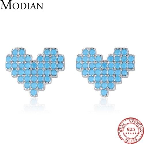 Modian 925 Sterling Silver Vintage Turquoise Stud Earrings for Women Romantic Heart Ear Studs Hypoallergenic Fine Jewelry
