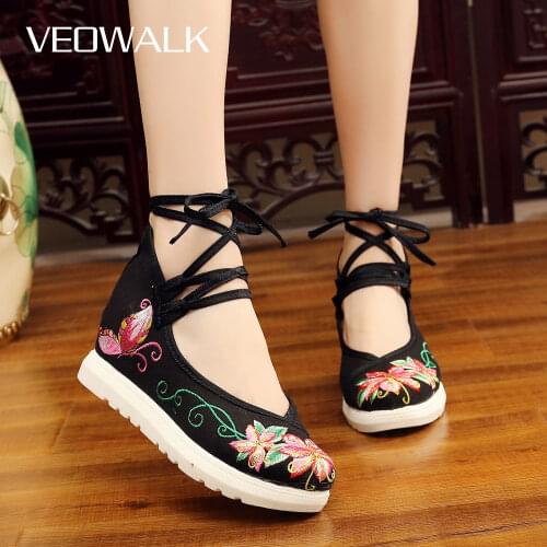 Veowalk Women Strappy Canvas Hidden Platform Shoes Chinese Style Elegant Ladies Casual Comfort Sneakers Retro Denim Shoes