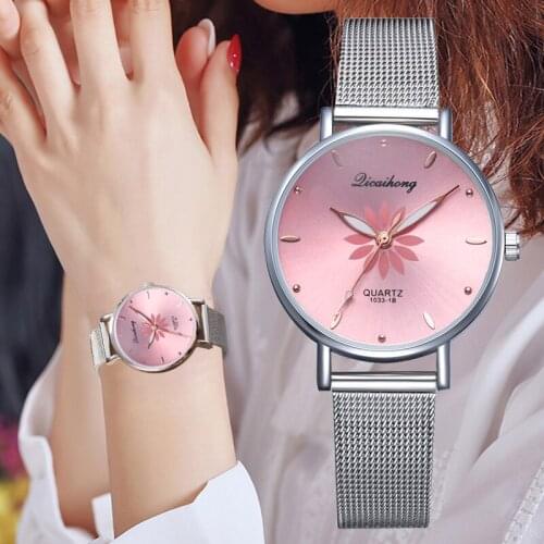 Womens Wristwatches Luxury Silver Popular Pink Dial Flowers Metal Ladies Bracelet Quartz Clock Fashion Wrist Watch 2019 Top