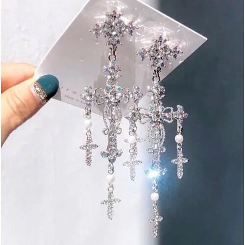 Korean New Trendy Luxury Palace Style Crystal Pearl Cross Dangle Earrings For Women Elegant Party Jewelry