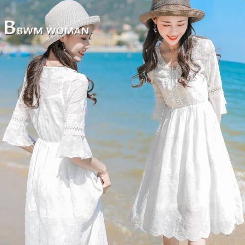 2019 Autumn Vacation Chiffon Women Dress White Color Three Quarter Sleeve Female Dresses