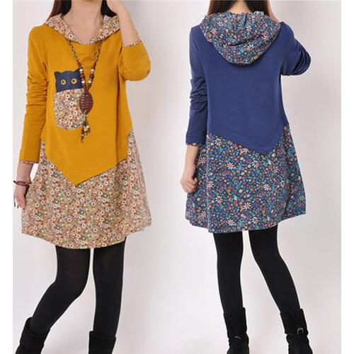 Women Winter Mini Dress Plus Size Vintage Dress Female Autumn Floral Printed Streetwear Patchwork Long Sleeve Loose Shirt Dress