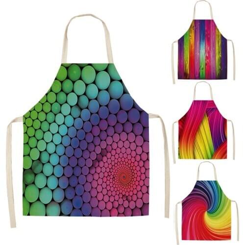 1 Pcs Rainbow Colorful Geometric Kitchen Apron for Women Cotton Linen Bib Household Cleaning Pinafore Cooking Apron WQ30