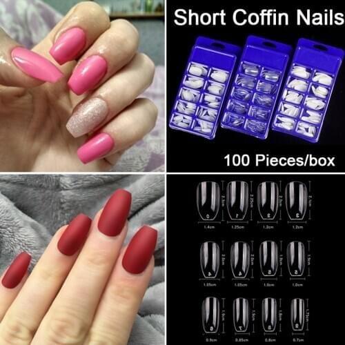 100pcs/box Short Full Cover Coffin Ballerina Fake Nails Acrylic Artificial False Nails Gradeint Press On Nails fingernail art