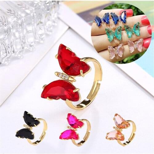 2021 Hot Sale Ladies Crystal Butterfly Ring Inlaid AAA Zircon Plating Gold Color Preserving Adjustable Jewelry Gift