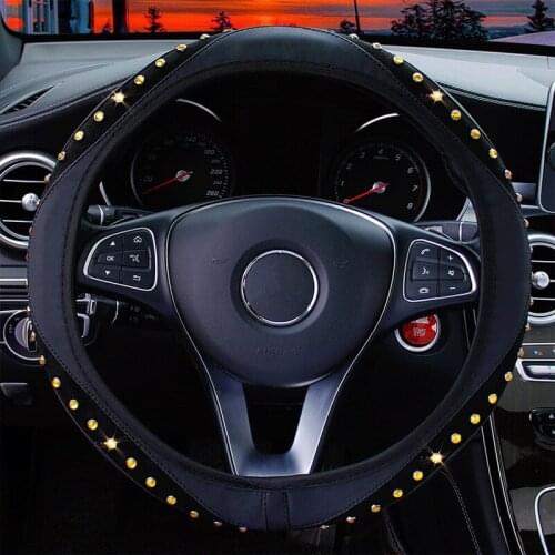 Elastic Leather Diamond Crystal Car Steering Wheel Covers Universal Gem Rhinestone Steering Wheel Cover Girls Car Accessories