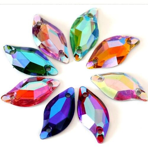 Big Sale!!! 9x20mm 50pcs Resin Leaf Shape Resin Sew On Rhinestones Flatback Sewing Rhinestone 2 Holes For Garments B0699