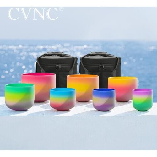 CVNC 6"-12" Rainbow Chakra Frosted Quartz Crystal Singing Bowl Include 2pcs Black Liner bag