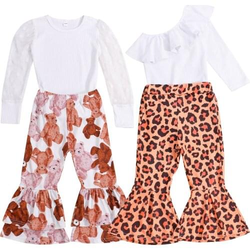 Imcute 2Pcs Kids Outfits, Flounce One-Shoulder Tops with Leopard Print Flares/Long Sleeves Tops with Bear Print Flares for Girls
