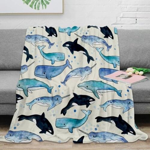 3D Printing Cartoon Flannel Blanket Whales Orcas & Narwhals Throw Blanket Warm Soft Blanket Customizable