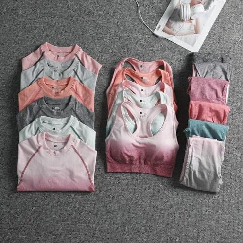 Gradient Sports Bra Seamless Leggings Womens Workout Sport Suit Push Up Yoga Set Gym Clothing Sport Set Long Sleeve Crop Top