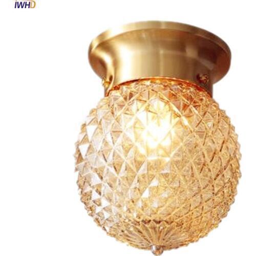 IWHD American Country Copper LED Ceiling Lamp Hallway Balcony Porch Glass Ball Vintage Ceiling Lights Lampara Techo Plafondlamp