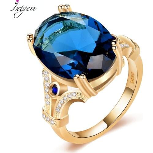 New Design Original Finger Ring Golden Color Rings With 13x18MM Big Aquamarine Stones Fashion 925 Jewelry Gifts Ring Wholesale