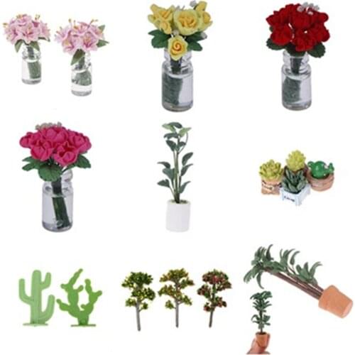 1:12 Doll House Miniature Flowers Fairy Garden Ornament Mini Potted Plant Flowers Pot DollHouse Decor Bonsai Model Kids Play Toy