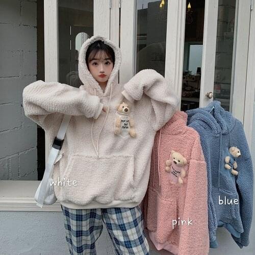 Fashion Cute Doll Pullover Oversized Casual Loose Warm Clothes Streetwear Kawaii Bear Fleece Winter Women Sweatshirts Hoodies