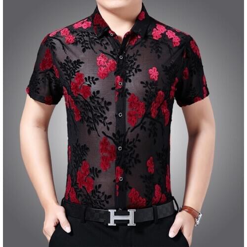 Male Sexy Transparent Shirt Summer Floral Clothes Short Sleeve Man See Through Dress Shirts