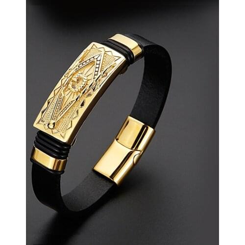 HaoYi High Quality Leather Mens Bracelet Golden Punk Style Faith Bracelets Wristband Jewelry