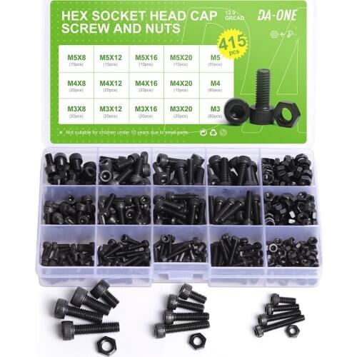 DA-ONE 415pcs M3 M4 M5 12.9 Grade High Quality Black Allen Bolt Hex Socket Round Cap Head Screw And Hex Nut Set Kit