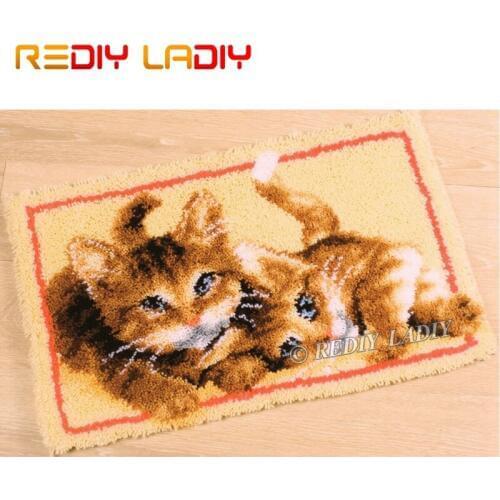 Latch Hook Kits Make Your Own Rug Two Kittens Cat Tapestry Crochet Cushion Mat DIY Carpet Rug Pre-Printed Canvas Hobby & Crafts