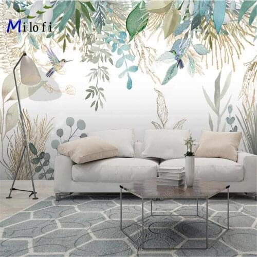Milofi vinyl 3D wallpaper mural Nordic hand-painted small fresh tropical plants leaves flowers and birds background murals